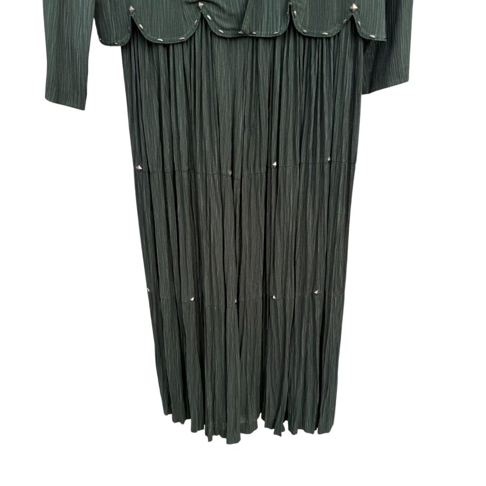 Stonebridge VTG Western Dress 14 Dark Green Crinkle Pleated Elegant Flowy Button - Picture 3 of 6